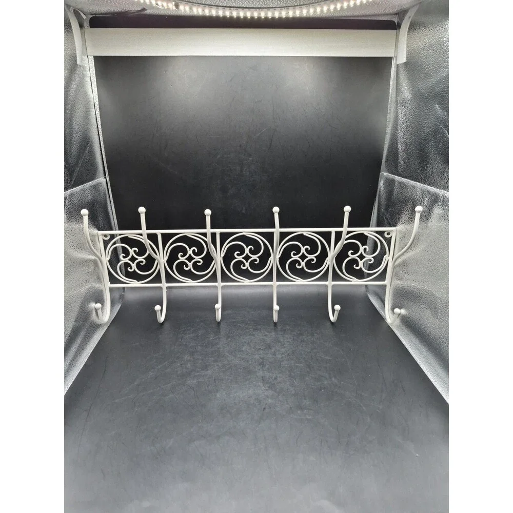 White Ornate Metal Scroll Work Wall Mount Coat Towel Rack 12 Hooks Cottage Core